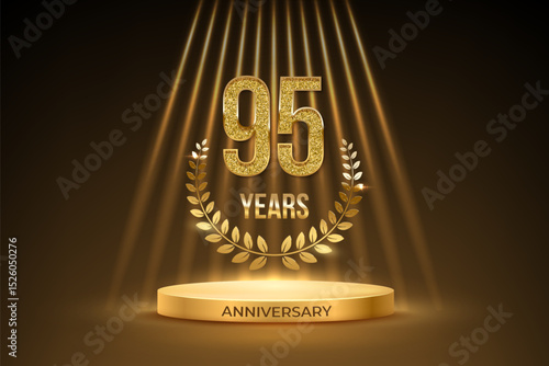 Anniversary gold award podium with glittering number 95. Ninety five years celebration birthday or jubilee golden vector background. Luxury stage with laurel wreath and glowing rays on black.