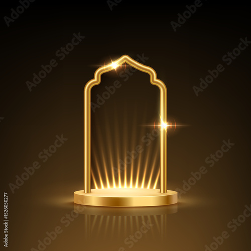 Golden podium with Islamic arch on black background. 3d empty gold award platform with glowing Muslim frame and glowing light rays. Abstract vector illustration.