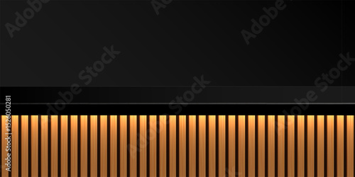 Bar counter limbo black background. Dark backdrop with dark wall and countertop of vertical golden light wooden planks. Luxury interior element for lounge, restaurant, nightclub. Vector illustration.