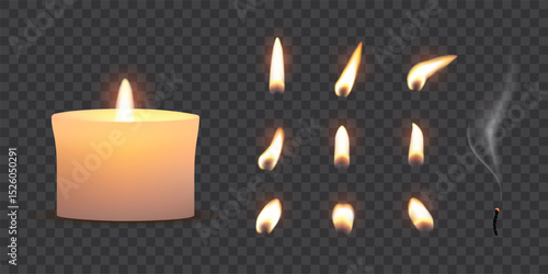 Candle flames. Candlelight fires vector illustration set. Realistic flame light on wick of candlestick, small romantic glow flare in night, collection isolated on transparent background.