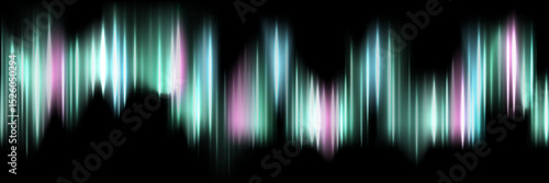 Seamless glowing aurora lights background. Vertical light streaks in blue, green, purple, and white on black. Futuristic backdrop with ethereal energy effect. Abstract vector illustration.