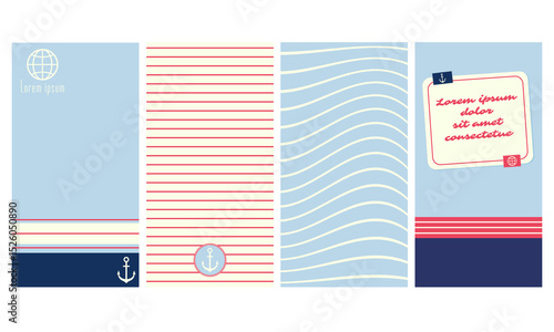 Vector Nautical Theme card, banner, flyer, placard set. Collection of Marine party poster, gift tag, label template. Card of summer vacation or holiday. Navy vacation tag, badge, label in retro style