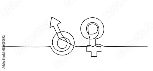 Gender symbol one line illustration, man and woman icon continuous isolated sketch, concept of balance
