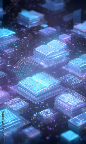 Digital knowledge library a vibrant exploration of interconnected information and glowing books creating a futuristic learning landscape