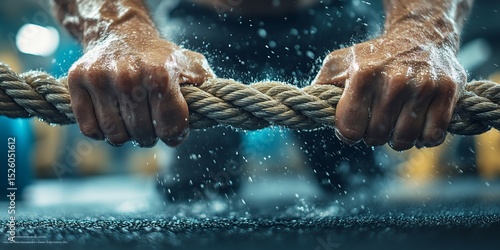 Grit and Strength: Close-Up of Sweaty Hands Gripping a Rope During Intense Workout