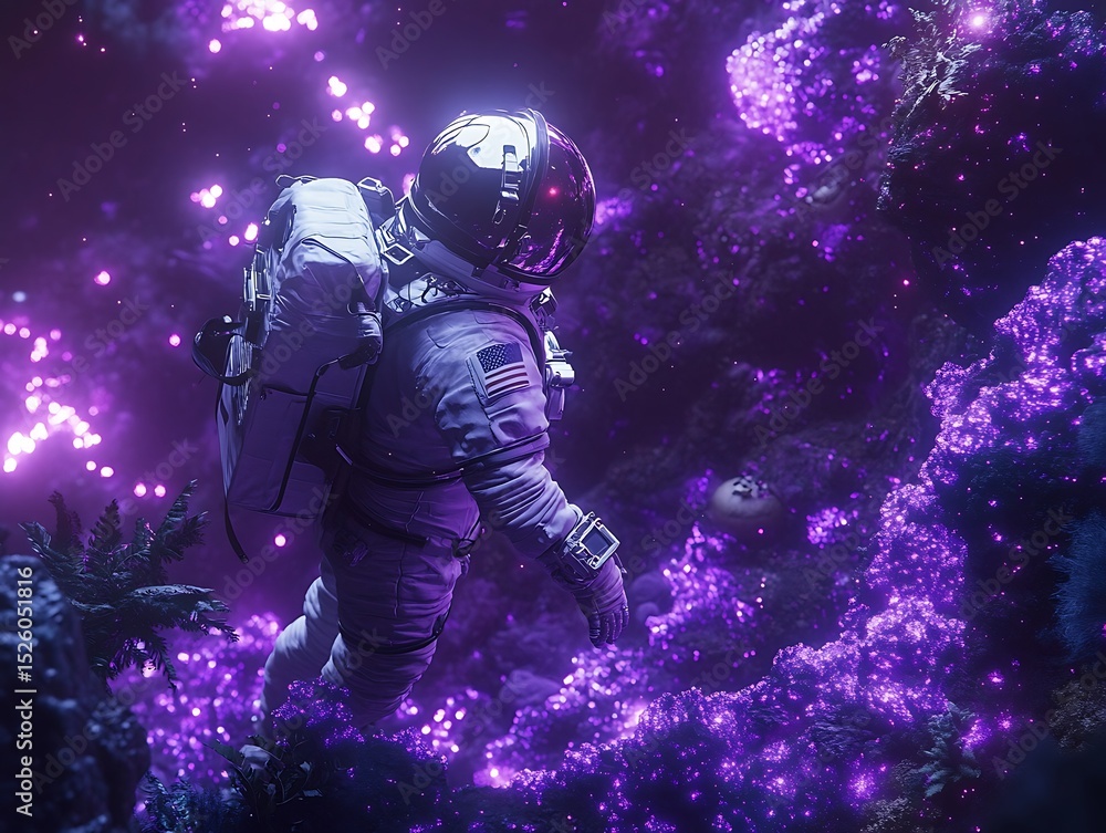 Fototapeta premium Astronaut drifting through a radiant nebula brimming with cosmic florals and stardust