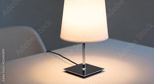 Close up from bottom of a small LED table lamp with soft shade on white