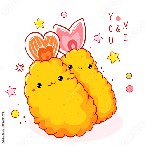 Valentine card with two tempura characters kawaii style with smiling faces. Greeting card with cute Japanese traditional cuisine dishes. You and me. Can be used for t-shirt print, sticker. Vector EPS8