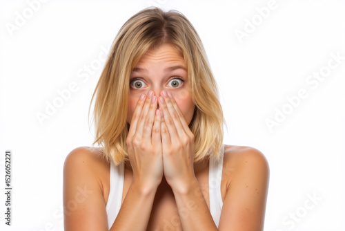 Blonde woman with wide eyes and hands covering her mouth, looking shocked or surprised, wearing white top.