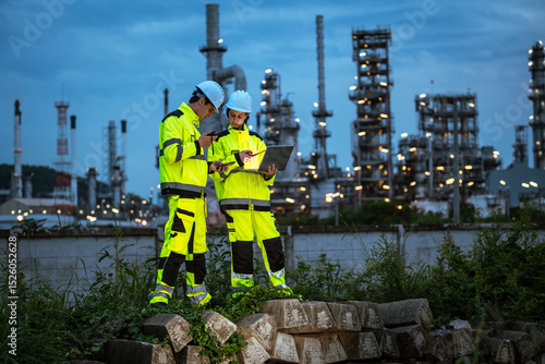 Industrial teamwork of engineer man and woman using a laptop computer during night shift at an oil refinery. Focused professionals working under factory lights.