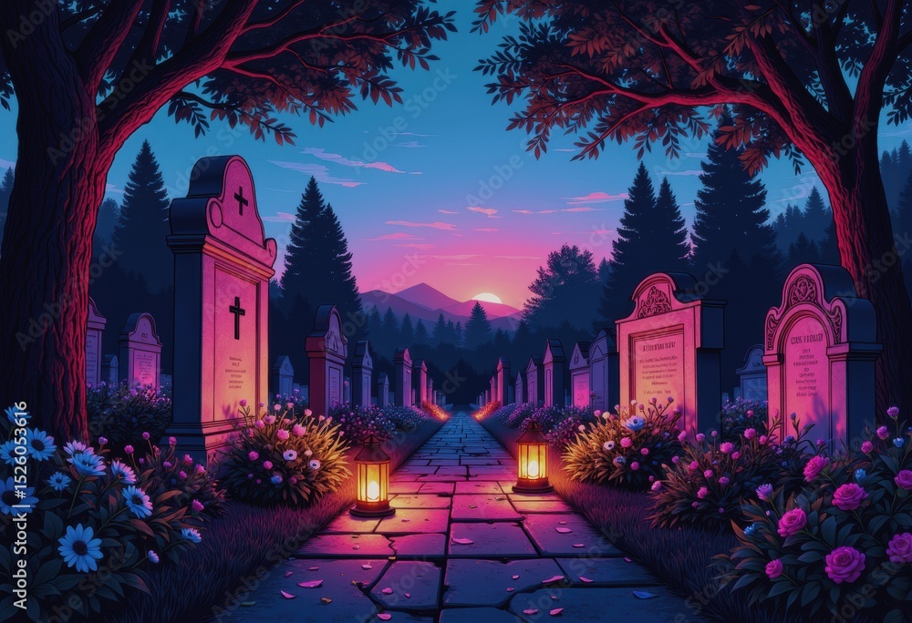 Fototapeta premium Serene cemetery at dusk, honoring family remembrance on All Saints' Day