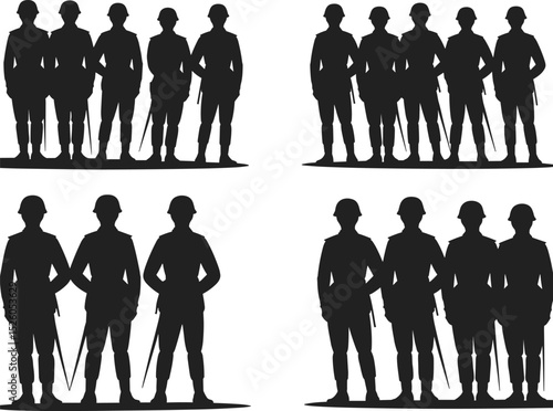 Vector illustration of military soldier group silhouettes, army formation with rifles, disciplined team, defense force, unity, teamwork, and patriotic service