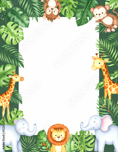 Wallpaper Mural A colorful jungle-themed frame featuring cute animals and tropical leaves. Torontodigital.ca