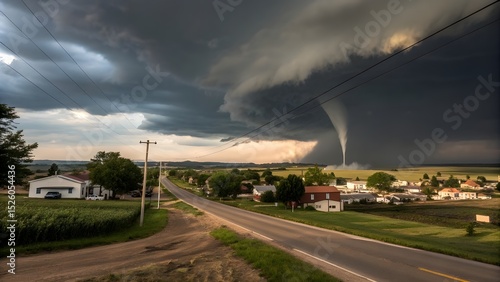 A menacing tornado descending upon a small town threatening livelihoods and homes under an ominous sky and a long
