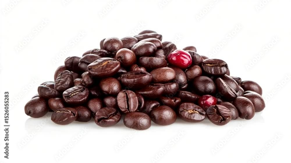 Pile of Roasted Coffee Beans with Red Fruit on White Background, Close-up Studio Shot Pile of Roasted Coffee Beans with Red Fruit on White Background, Close-up Studio Shot