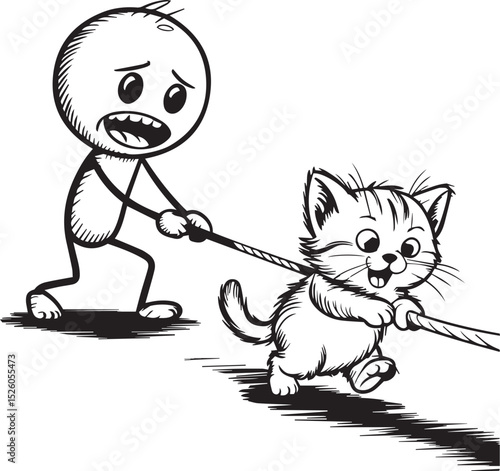 Frustrated man pulling stubborn kitten on rope