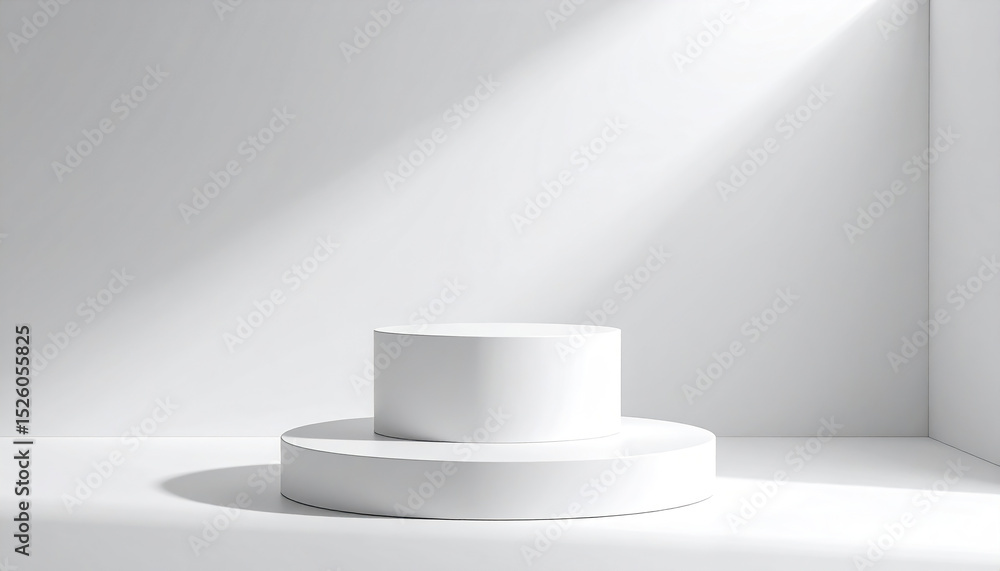 Fototapeta premium minimalistic display featuring white circular plinth pure white wall, illuminated by soft