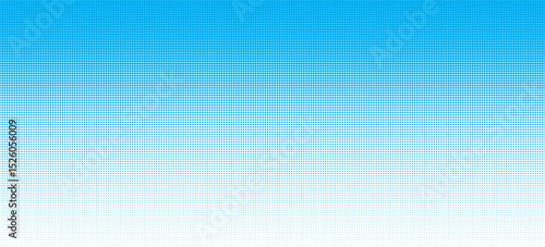 Blue sky seamless dotted halftone gradient border. Cyan color retro halftone dot top to bottom gradation. Vector horizontal geometric background. CMYK effect seamless pattern. Abstract pixelated bg