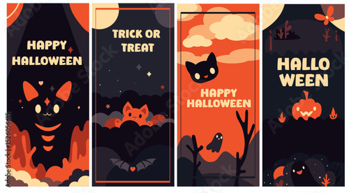 Set of Halloween eye-catching card, banner, background, flyer, placard with cute kitty ghosts. Collection of gift tag, label or poster template with little cat ghost. Vector illustration EPS8