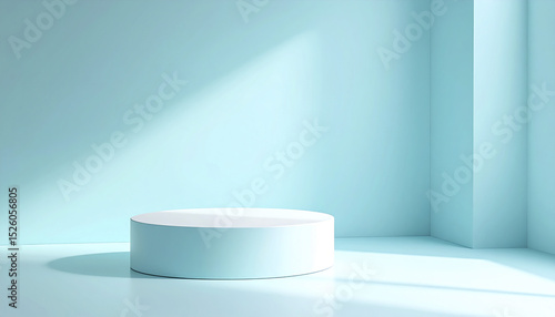 smooth baby blue wall and floor merge with product display center, creating serene atmosphere