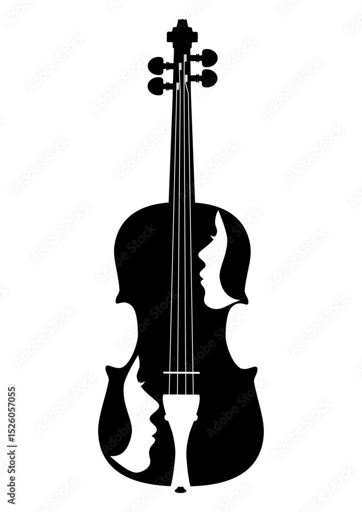 Fototapeta premium Black silhouette of a violin and two white female profiles, minimalist design for music logos, concert posters, album covers and illustrations of the spirituality of music