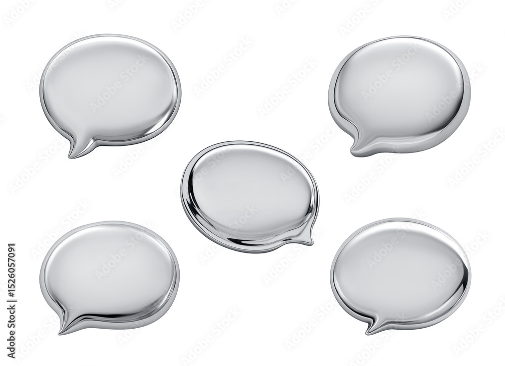 Silver chrome bubble speech set. Collection of 3d metal elements on transparent background Silver chrome bubble speech set. Collection of 3d metal elements on transparent background