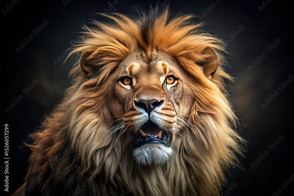 Naklejka premium Christ's return: a fierce Lion of Judah, biblical symbolism rendered in powerful Christian art on a black background.
