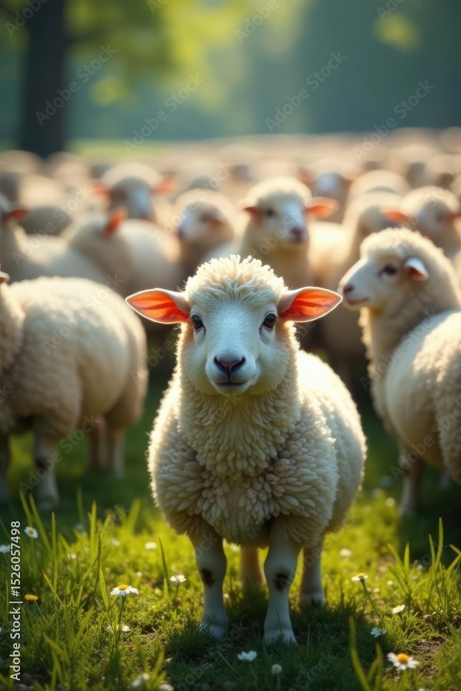 Obraz premium One white sheep in a crowd of black sheep, sunny day , nature, odd, image