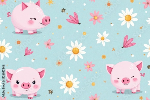 Playful pink pig and daisy seamless pattern Perfect for kids' products , design, summer