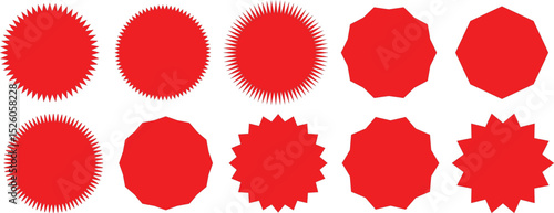 Set of circles with zigzag edges, Sunburst sticker shapes, Rounded starburst zigzag badge, spiky oval, circle and star shaped price tag, discount and sale label stickers, Star or sunburst icons.