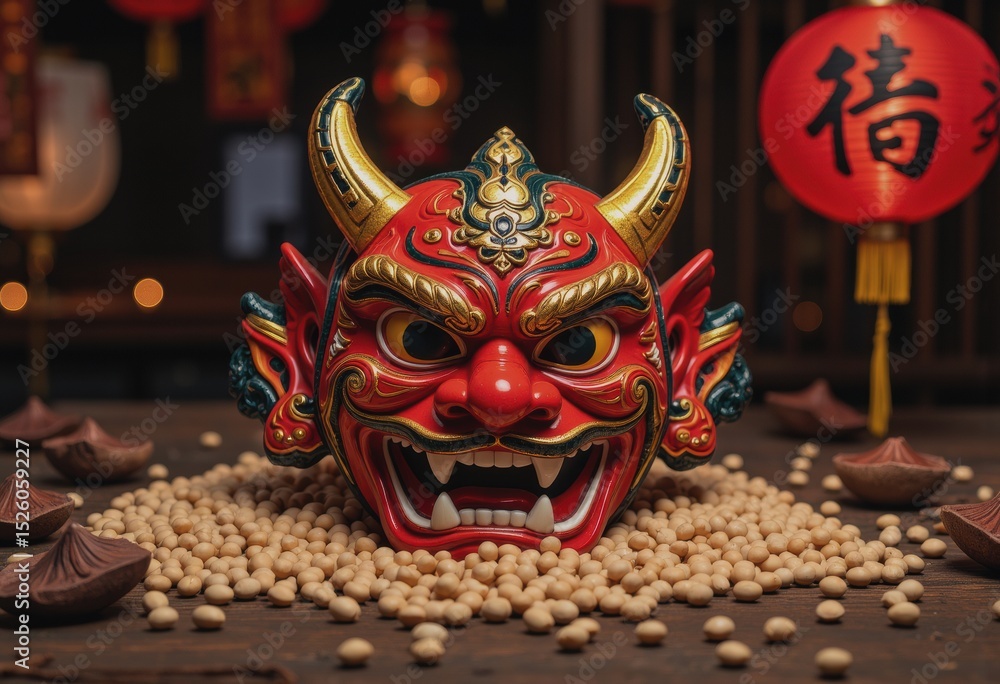 Obraz premium Vibrant demon mask surrounded by soybeans at the Setsubun festival