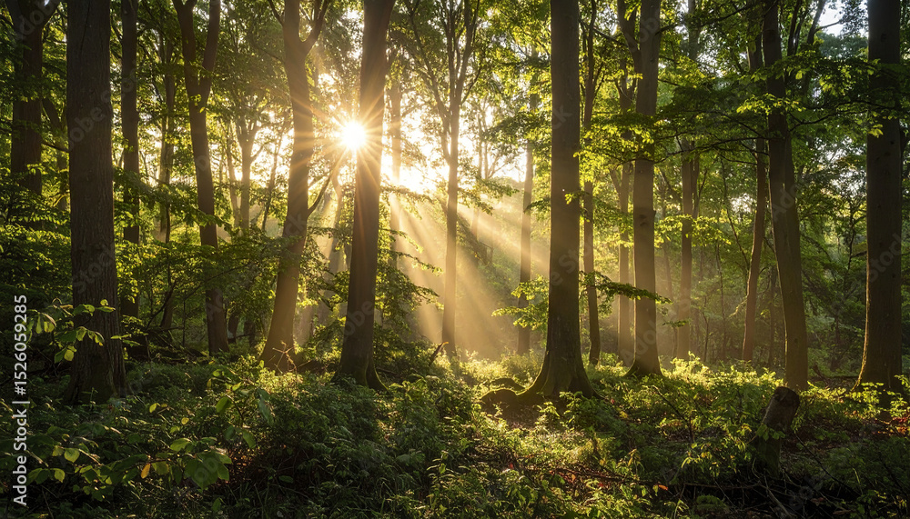 Obraz premium Sunbeams piercing through vibrant green forest at sunrise create magical atmosphere