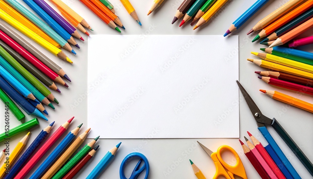 Obraz premium Child’s drawing tools flat lay – crayons, paper, scissors arranged on left, right side left empty for text or activity instructions. Bright, playful, creative workspace for kids.