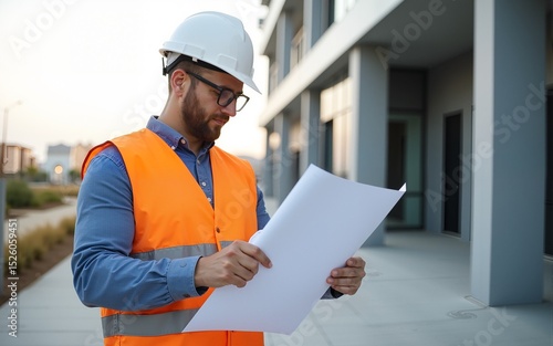 Smart civil architect engineer inspecting and working outdoors building side with blueprints. engineering and architecture concept. High quality