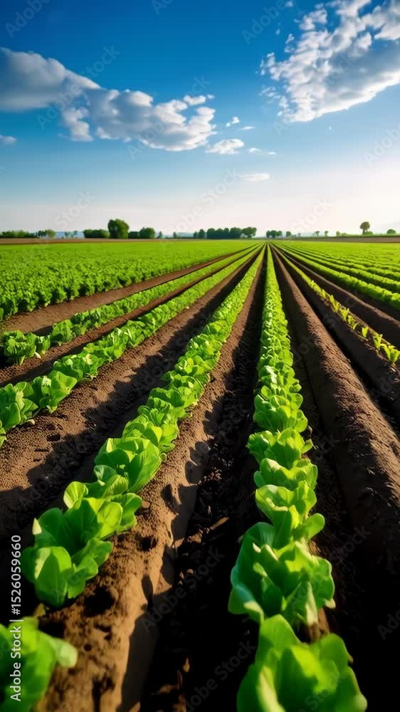 Rows of vibrant green lettuce plants growing in a vast agricultural field under a clear blue sky with scattered clouds. Rows of vibrant green lettuce plants growing in a vast agricultural field under a clear blue sky with scattered clouds.