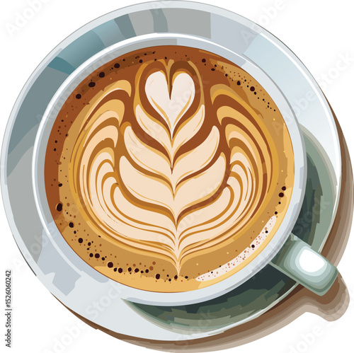 Realistic Top-Down View of Latte Art Coffee – Detailed Cappuccino with Foam Design Illustration
