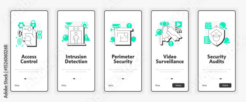Components of physical security systems mobile onboarding screen. Prevention intrusion UX UI illustration. Flat outline style icons with green accent. Informa Pro Bold, Montserrat Light fonts used