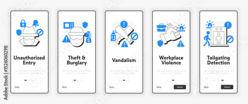 Physical security threats and risks mobile onboarding screen. Detecting potential dangers UX UI illustration. Flat outline style icons with blue accent. Informa Pro Bold, Montserrat Light fonts used
