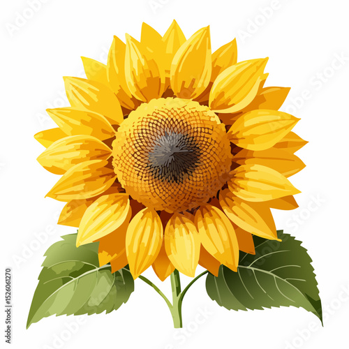 A vibrant vector set of sunflowers featuring rich yellow petals, textured brown centers, and broad green leaves, ideal for summer, botanical, or decorative themes.