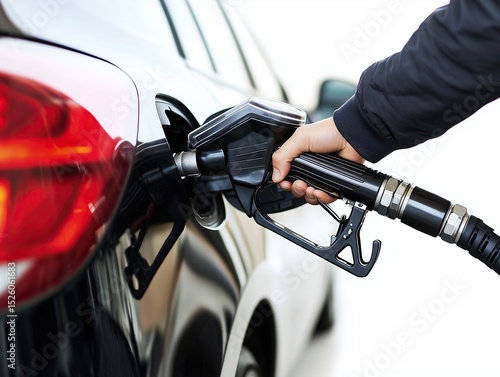 hand filling a car with gasoline on a white background, close-up shot 