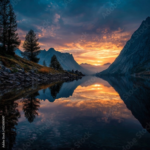 Mountain sunrise in calm nature, a moment of peace and serenity