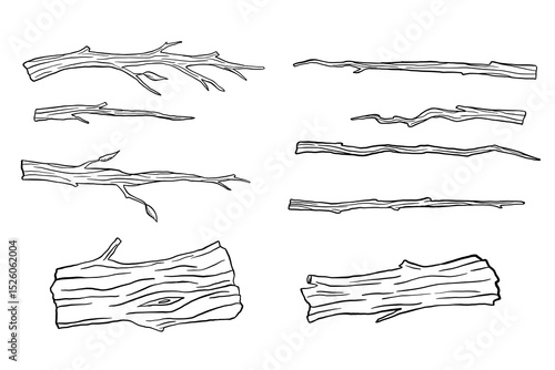 Dry tree and branch sketch isolated on white background. Hand drawn illustrations set, wood trunk
