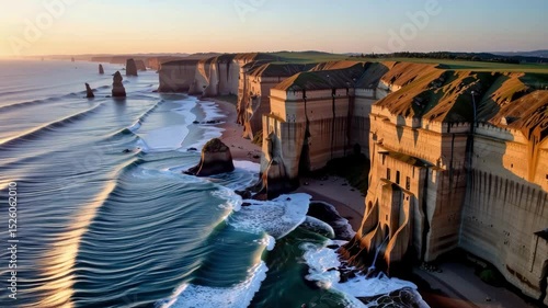 A dramatic coastal scene with ocean waves meeting towering, geometric cliffs under a golden sunset sky.