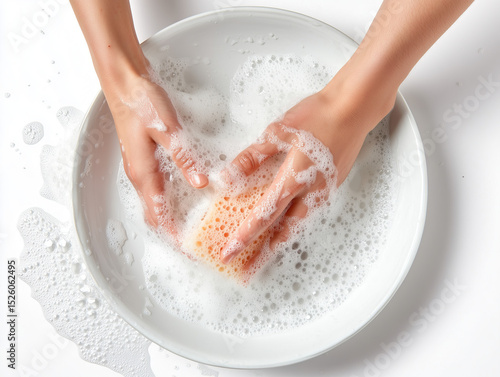 hand washing dishes with a sponge and soap