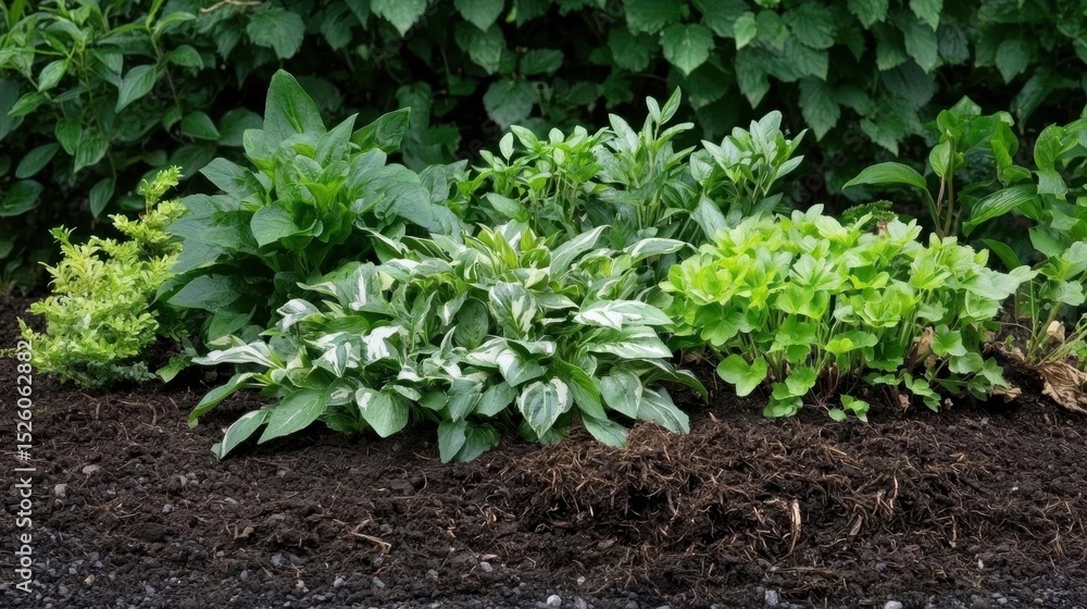 Garden bed with a variety of plants growing in it. the bed is made of dark brown mulch and is filled with small rocks and pebbles. Garden bed with a variety of plants growing in it. the bed is made of dark brown mulch and is filled with small rocks and pebbles.
