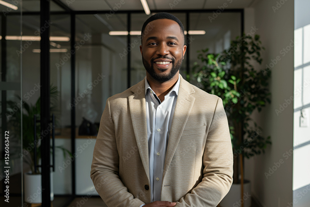 Confident aftican businessman in beige blazer smiling warmly while standing near window in modern bright office, perfect for leadership diversity and inclusive workplace representation content Confident aftican businessman in beige blazer smiling warmly while standing near window in modern bright office, perfect for leadership diversity and inclusive workplace representation content