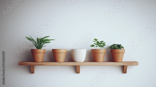Wallpaper Mural Five plant pots on wooden shelf with green leaves and white ceramic pot Torontodigital.ca
