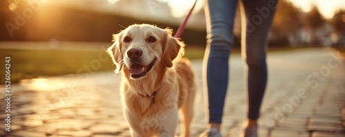 Golden retriever happily walks alongside its owner during golden hour, showcasing warm and serene atmosphere. sun casts soft glow, enhancing joyful moment