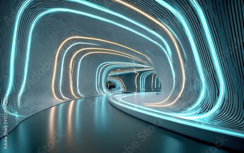 Fototapeta Naklejka Na Ścianę i Meble -  3D abstract tunnel with glowing blue teal lines and white neon lights, dark background vector illustration, flat style digital art, high-resolution futuristic design for tech presentations.