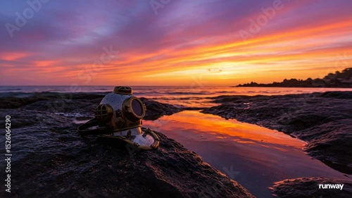 Dramatic closeup of a metallic diving mask with glass windows, antique diving suit with water droplets, showcasing exploration and underwater adventure